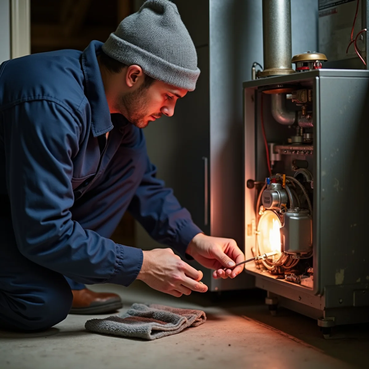 HVAC technician replacing a hot surface igniter to restore heat in Burlington, NC