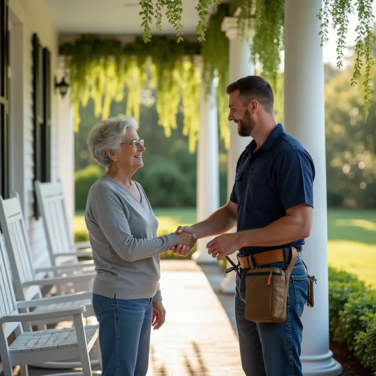 Happy Burlington, NC homeowner thanking an HVAC technician on her front porch after a repair
