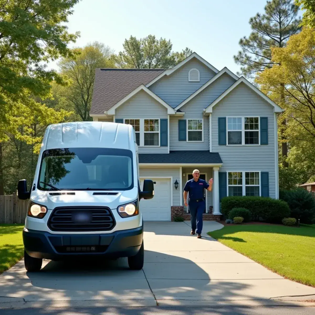 Same-day HVAC service van arriving at a Burlington, NC home