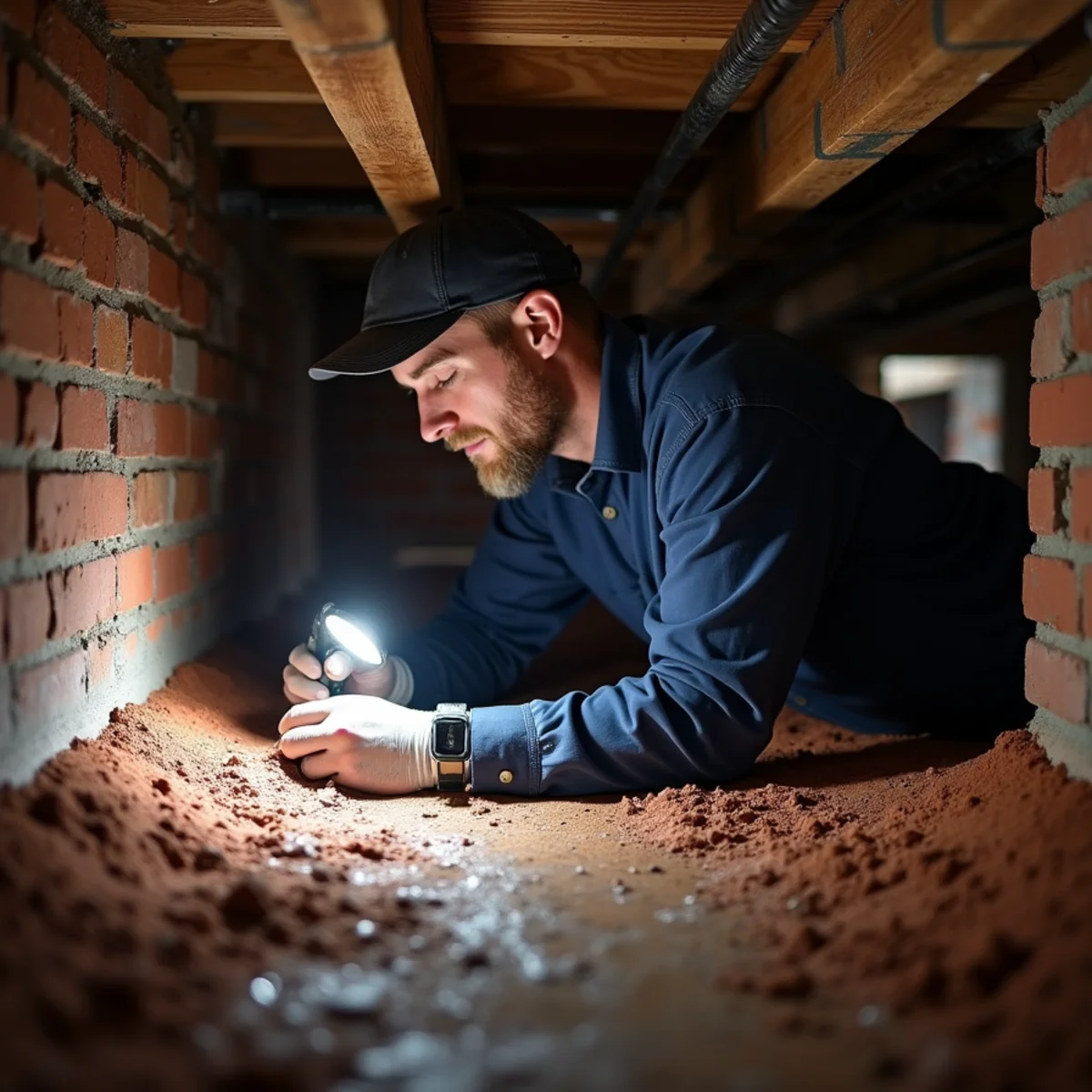 Technician inspecting sweating retrofit ductwork in a crawlspace under an older home in Alamance County, NC