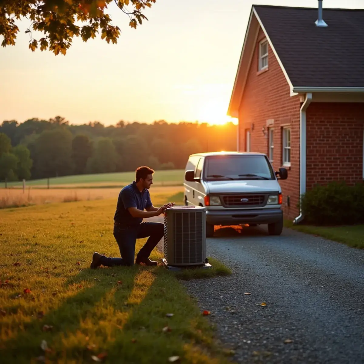 HVAC technician checking a heat pump beside a brick ranch home in rural Alamance County, NC
