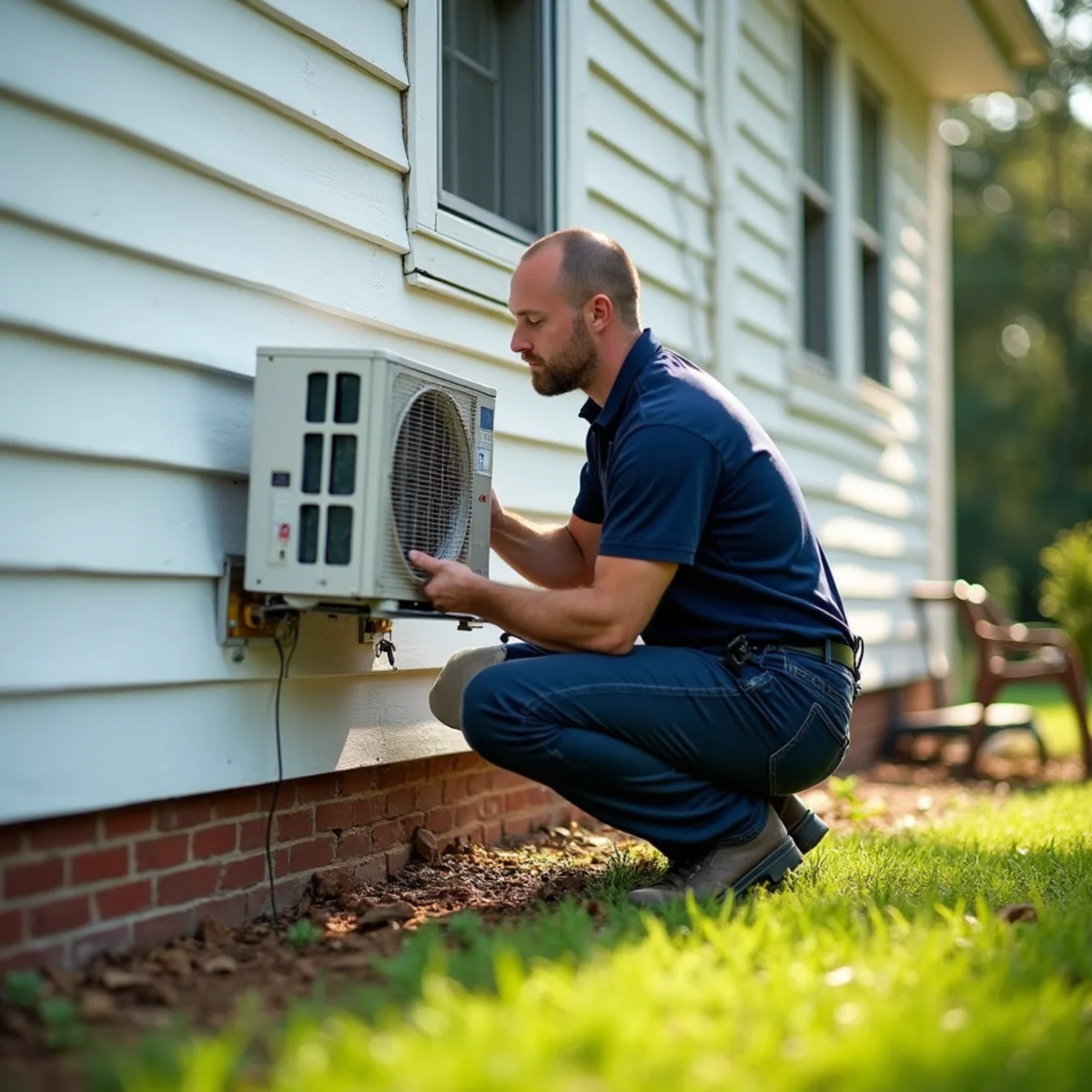 Technician installing a ductless mini-split outdoor unit beside a mill house in Altamahaw, NC