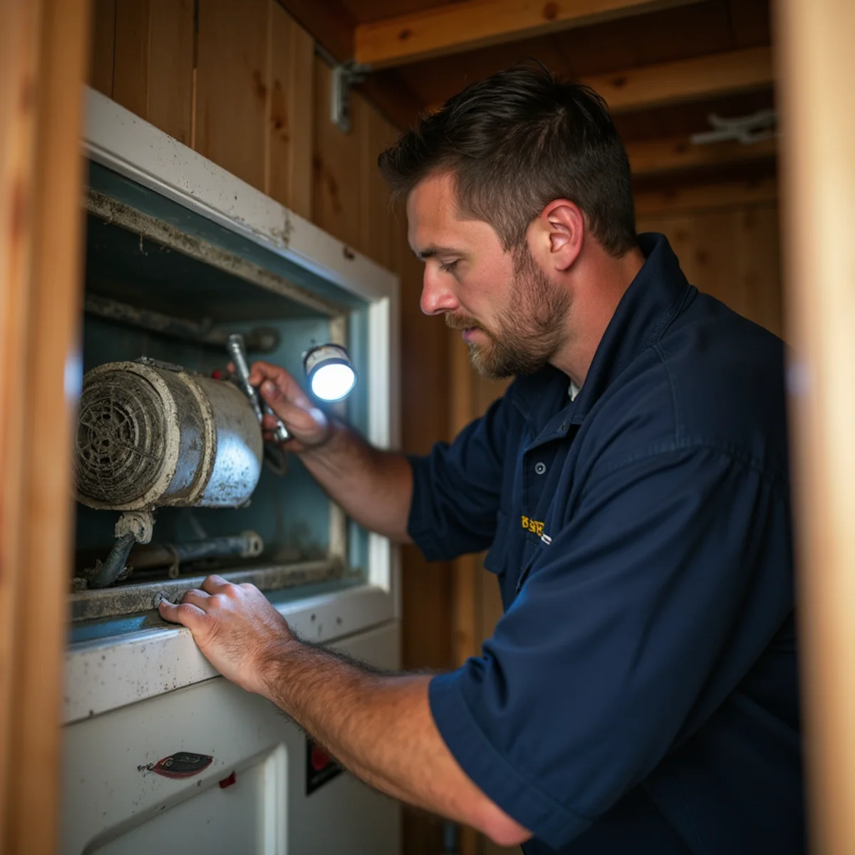 Technician cleaning a dust-caked evaporator coil next to an undersized return in an Asheboro, NC split-level home