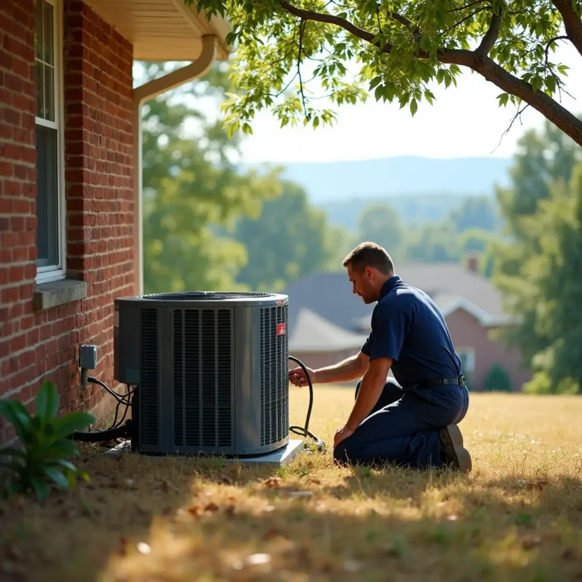 HVAC technician inspecting an outdoor AC unit beside a mid-century brick ranch on a sloped lot in Asheboro, NC