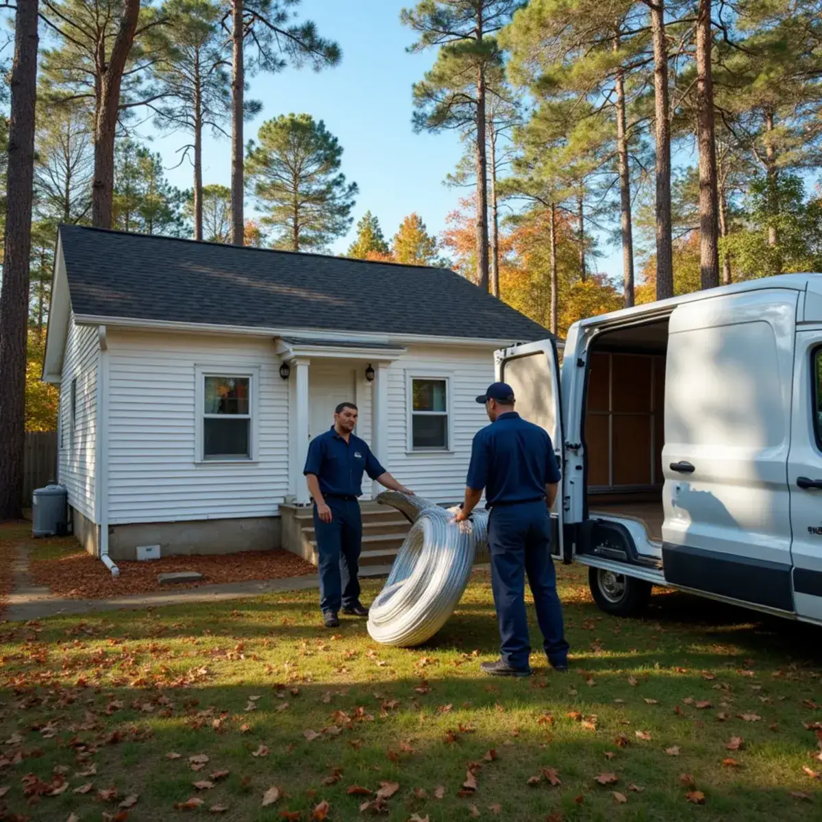 Technicians bringing new ductwork to the crawlspace of an older home in Butner, NC