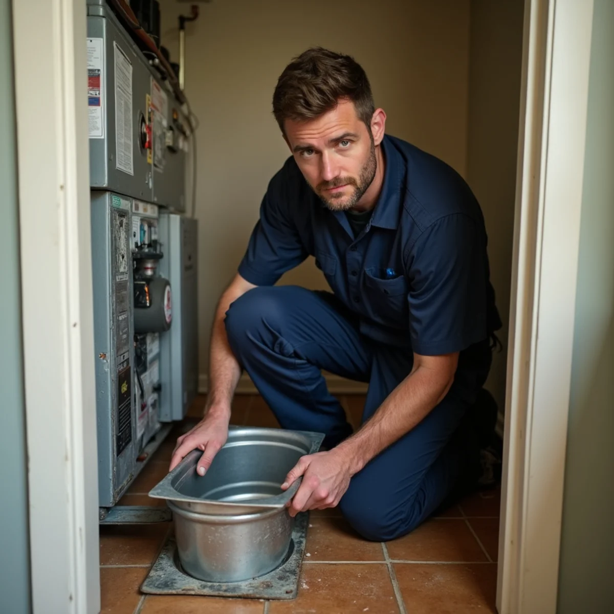 Technician replacing a rusted drain pan under a hall closet air handler in a Carrboro, NC duplex