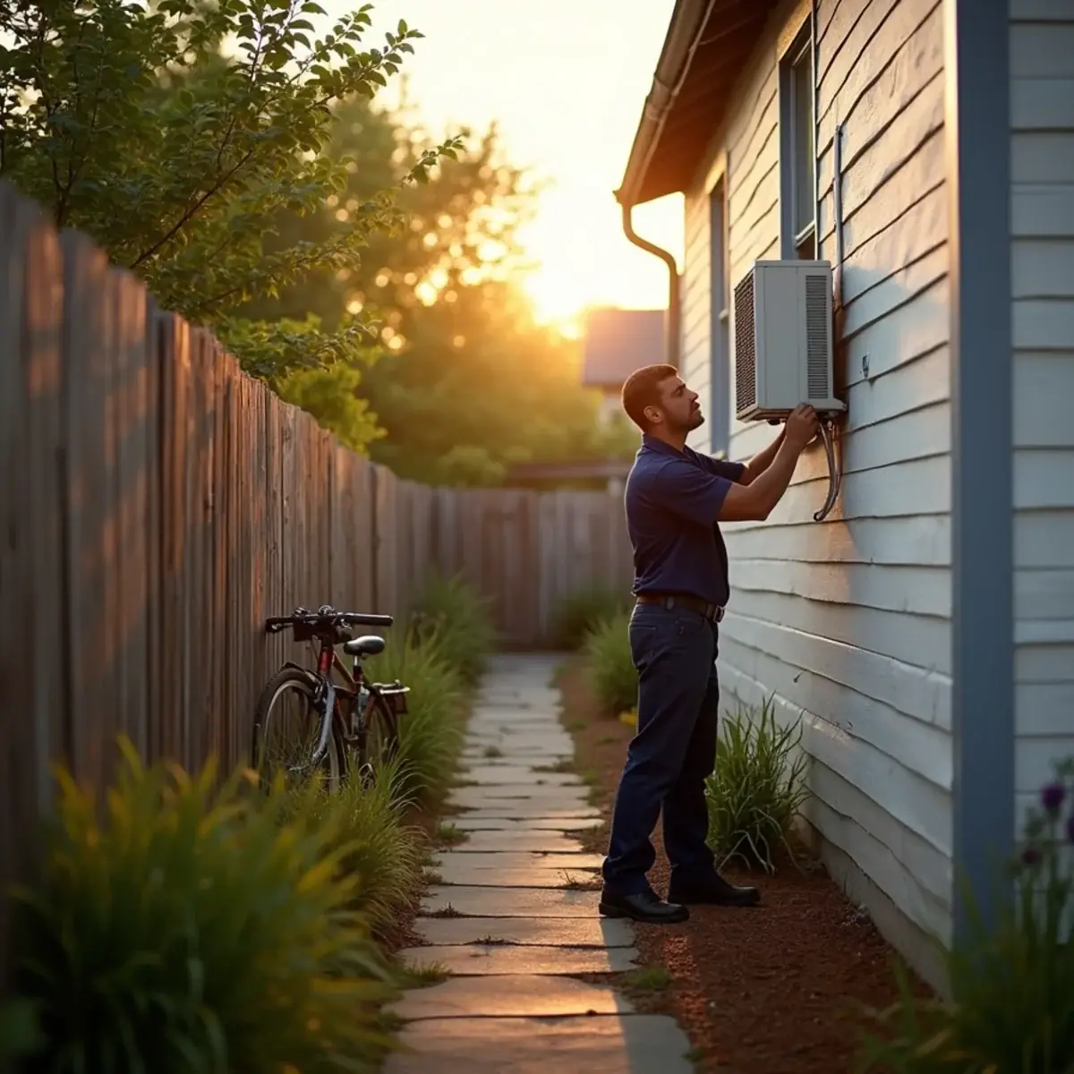 Technician mounting a compact mini-split outdoor unit beside a small mill-era house in Carrboro, NC