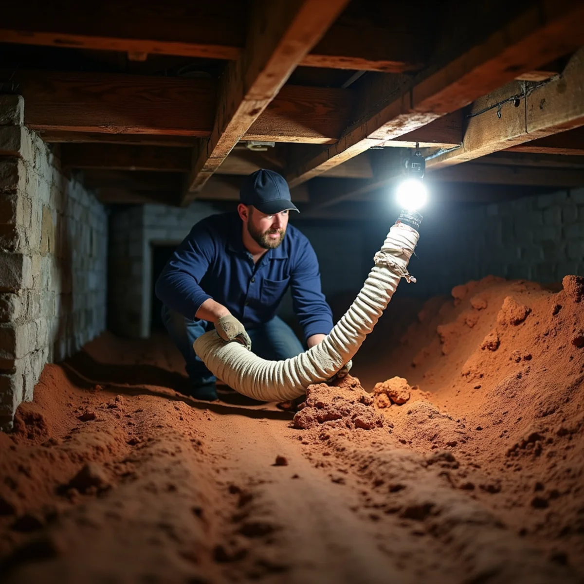 Technician inspecting flex duct lying on damp soil under a farmhouse in Caswell County, NC