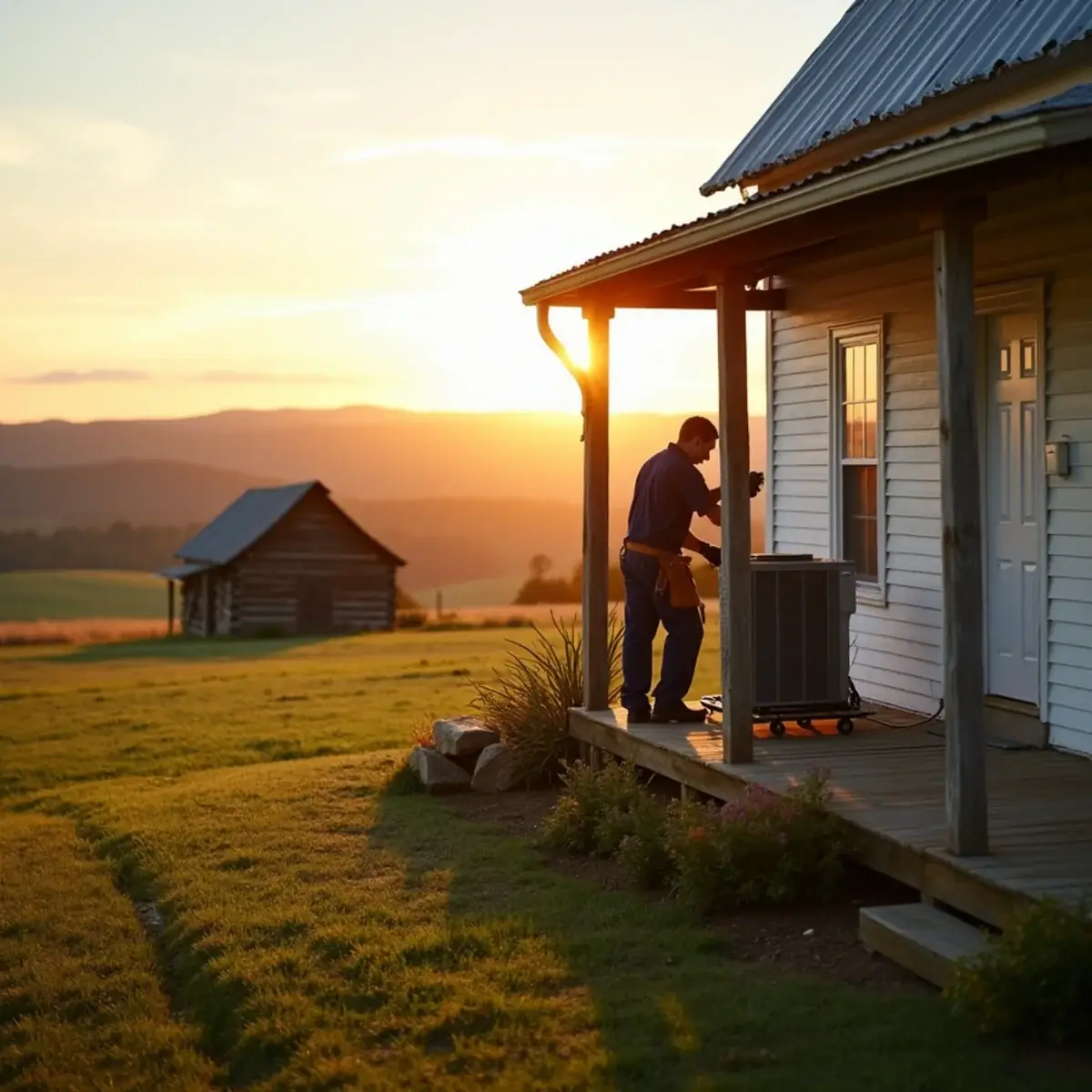 Heat pump beside a white farmhouse with a tobacco barn in the field in Caswell County, NC