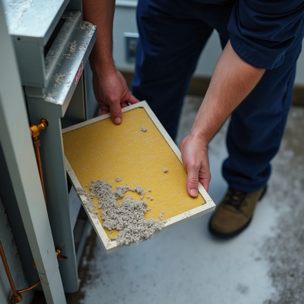 Technician removing a pollen-clogged air filter beside an iced refrigerant line in Chapel Hill, NC