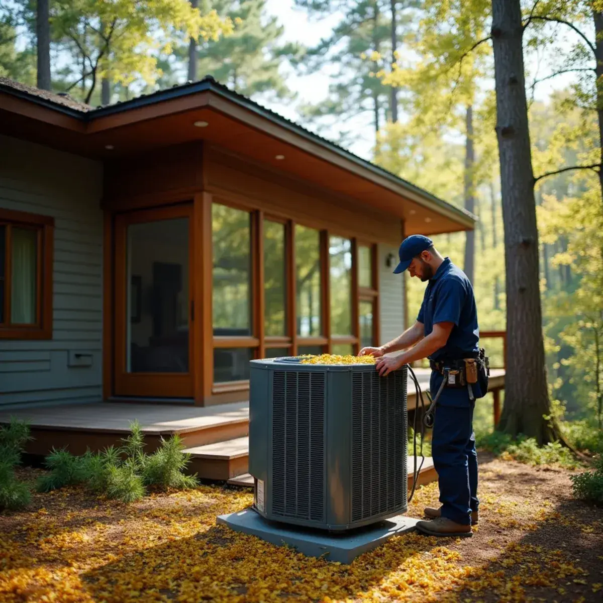 Technician clearing leaves and pine needles from a heat pump under tall trees in Chapel Hill, NC