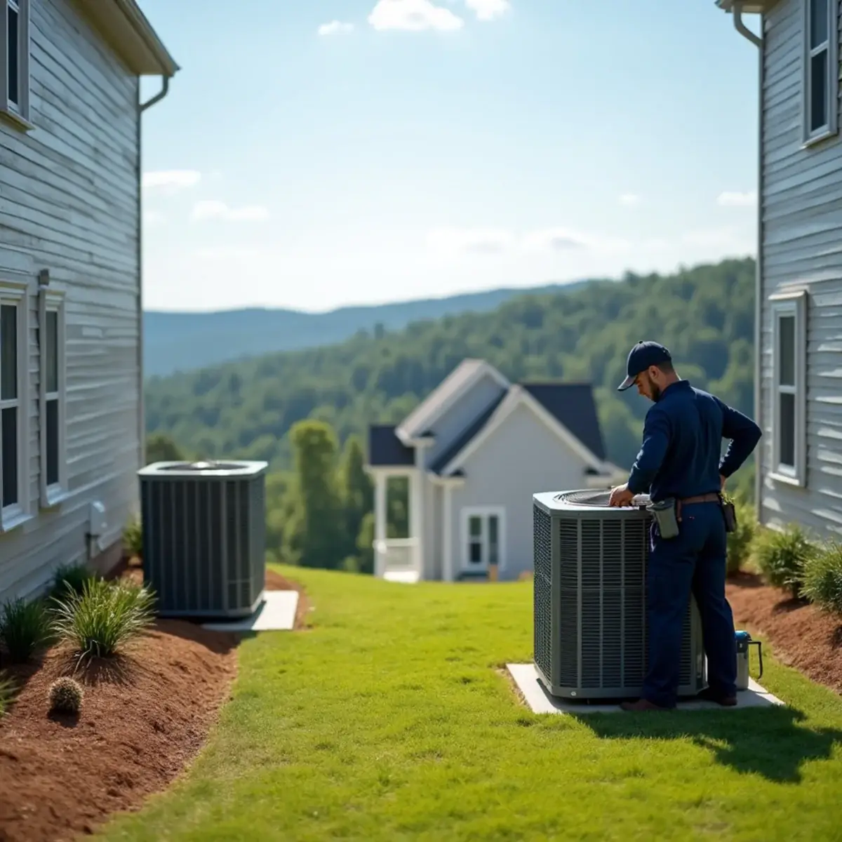 Pair of heat pumps beside a two-story home in a growing Chatham County, NC neighborhood