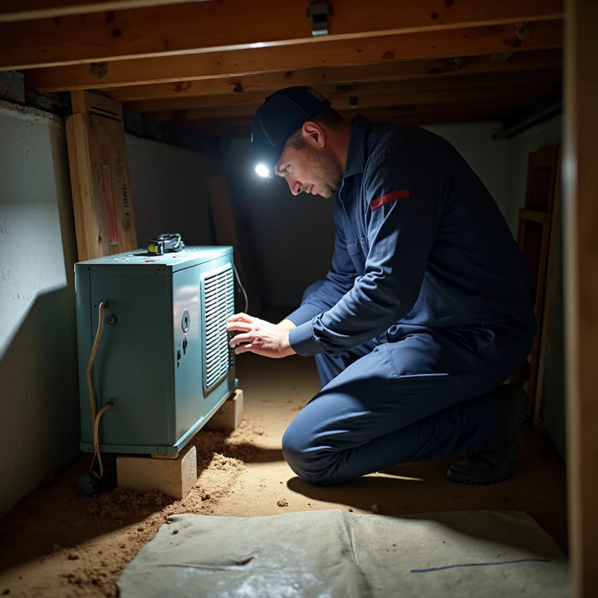 Technician installing a crawlspace dehumidifier under a lake house in Davidson County, NC