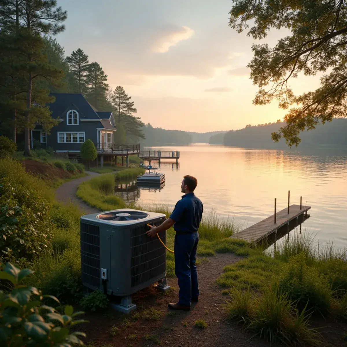 Technician servicing a heat pump at a lake house near High Rock Lake in Davidson County, NC