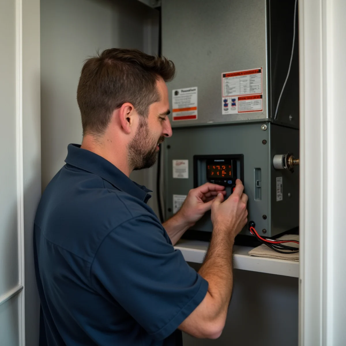 Technician adjusting blower speed on an air handler in a south Durham County townhome