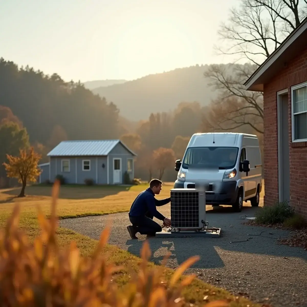 HVAC technician servicing a heat pump at a rural home in northern Durham County, NC