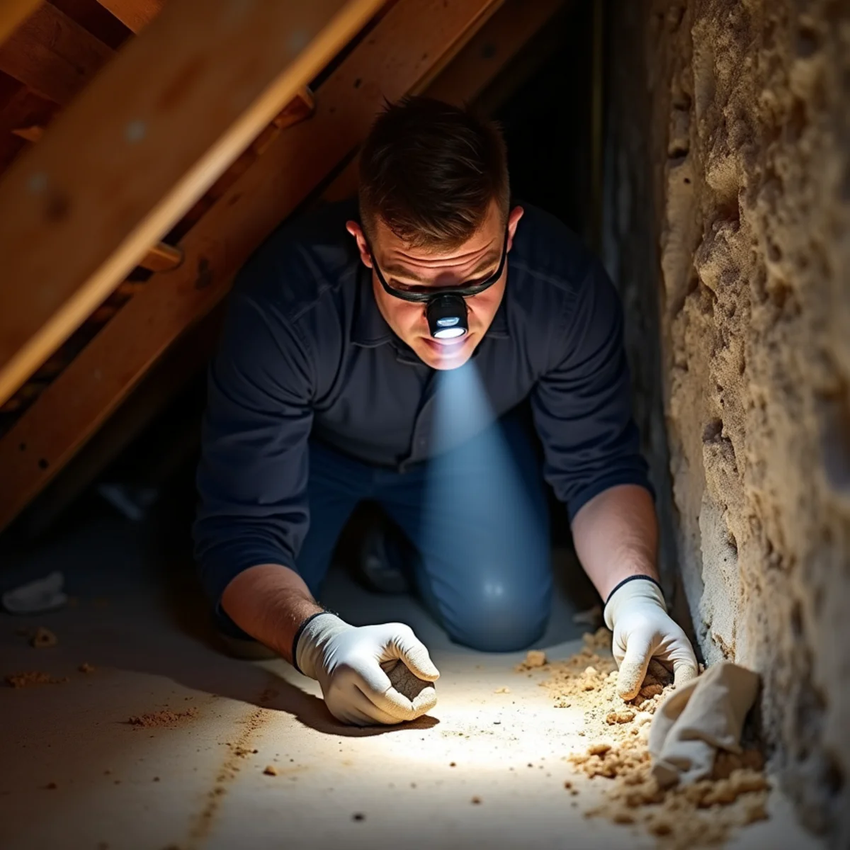 Technician inspecting undersized ducts in a knee-wall attic of a Durham, NC bungalow