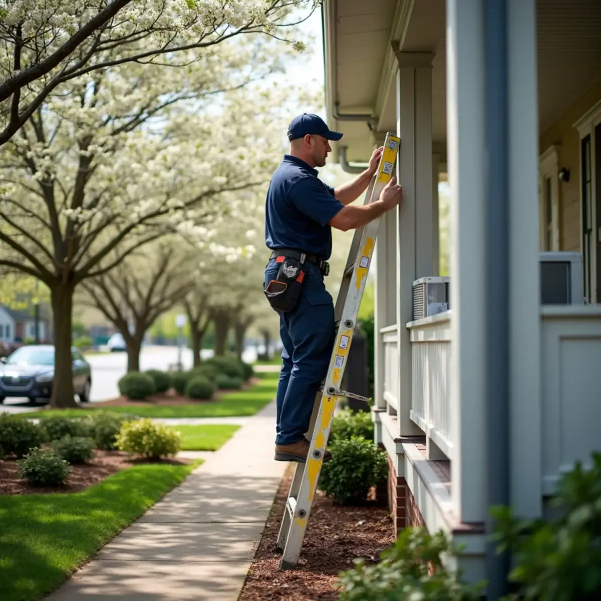 Technician installing a ductless mini-split line set at a restored craftsman bungalow in Durham, NC