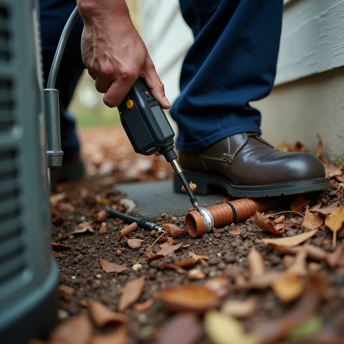 Technician finding a refrigerant leak on a heat pump at a rural home in Efland, NC