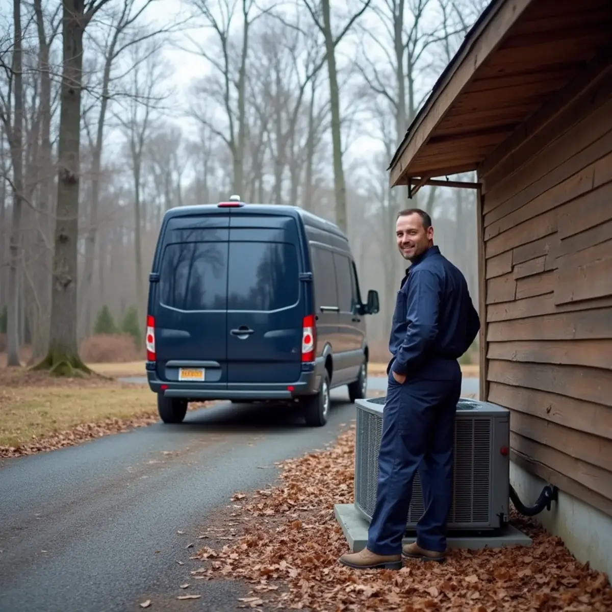 HVAC technician servicing a heat pump beside a wooded rural home in Efland, NC