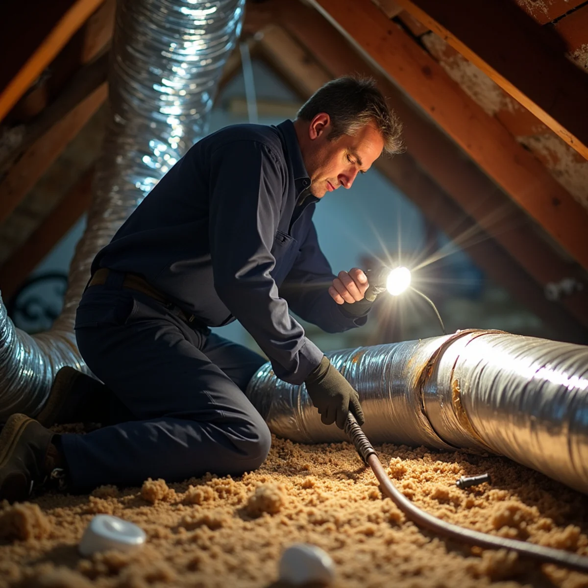 Technician inspecting attic ductwork in a two-story home in Forest Oaks, NC