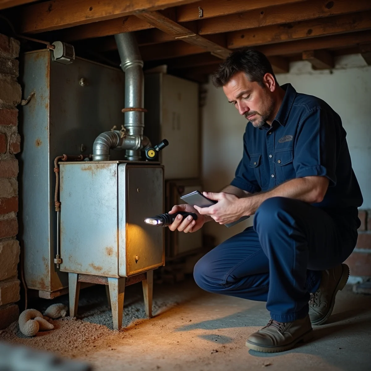 Technician inspecting an old oil furnace and tank before retiring it at a Franklinville, NC home