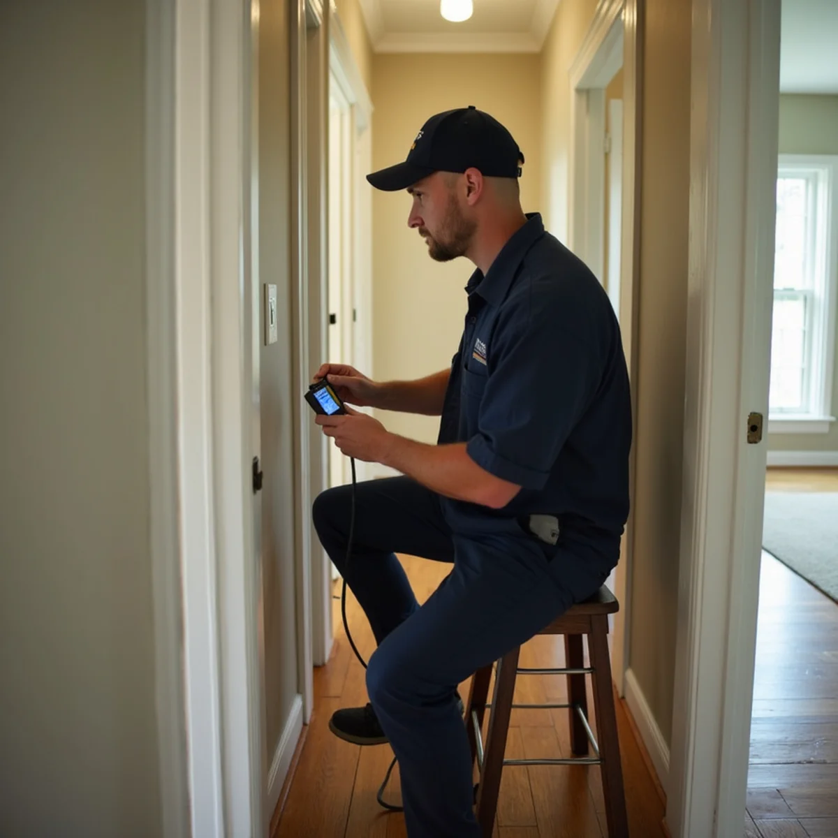 Technician measuring static pressure on an undersized return in a brick ranch in Glen Raven, NC