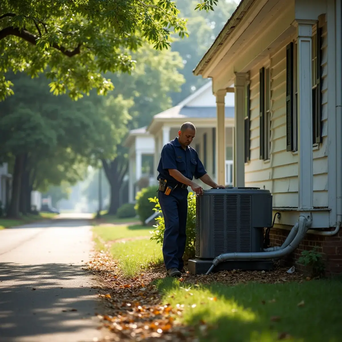 HVAC technician servicing an AC condenser beside an early 1900s frame house in Graham, NC