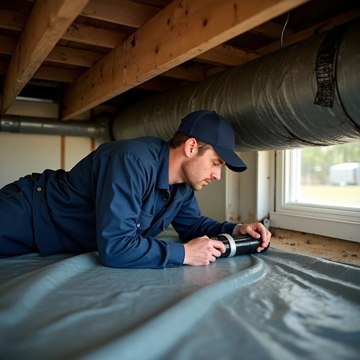 Technician reconnecting a crossover duct under a double-wide manufactured home in Green Level, NC