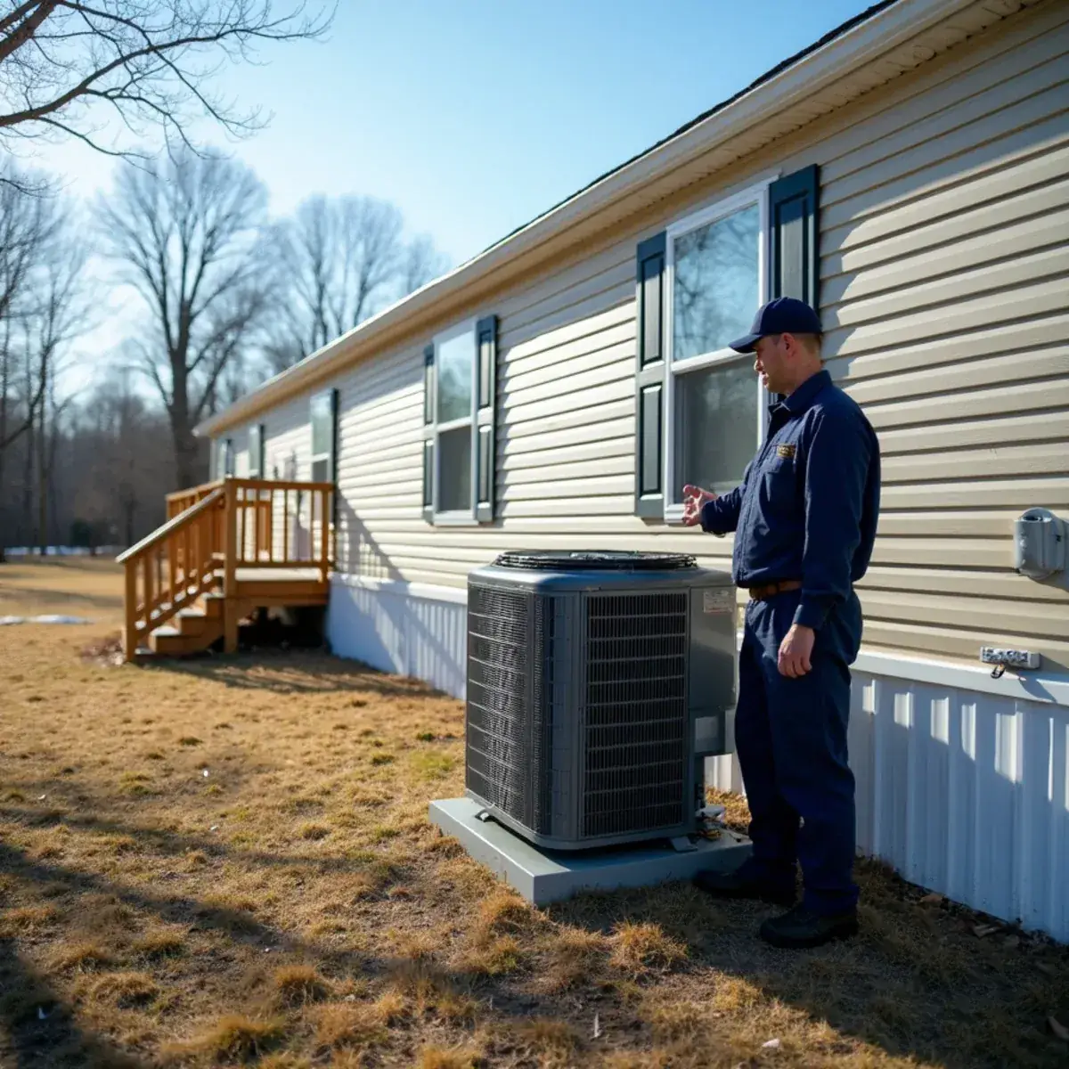 HVAC technician repairing a packaged heat pump beside a manufactured home in Green Level, NC