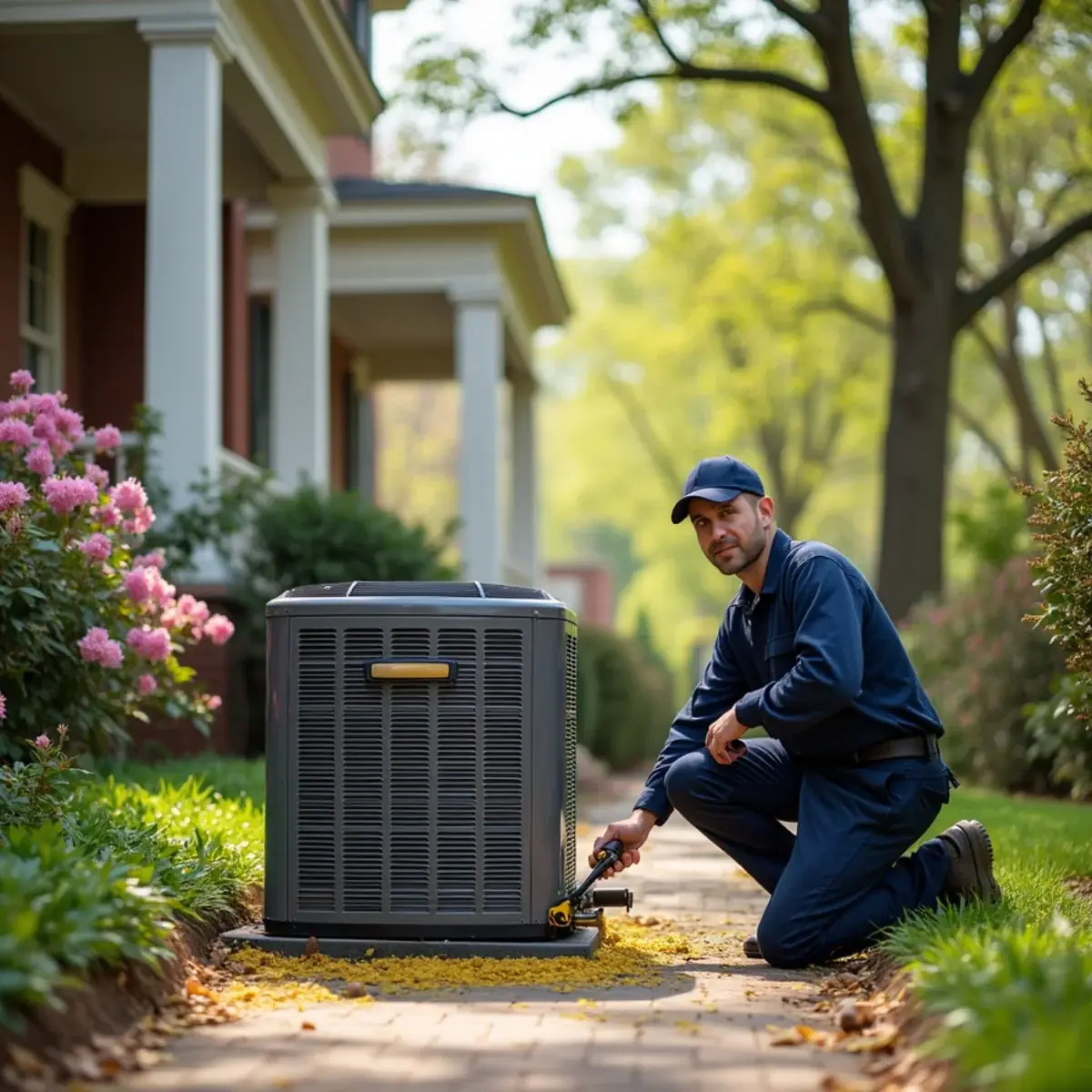 HVAC technician servicing an outdoor condenser beside a historic foursquare home in Greensboro, NC