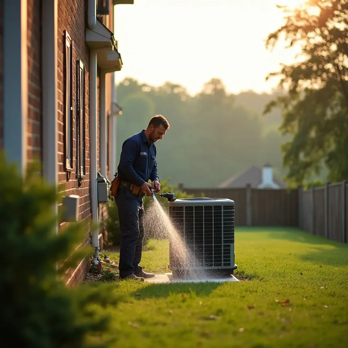 HVAC technician servicing an AC unit behind a brick home in Guilford County, NC