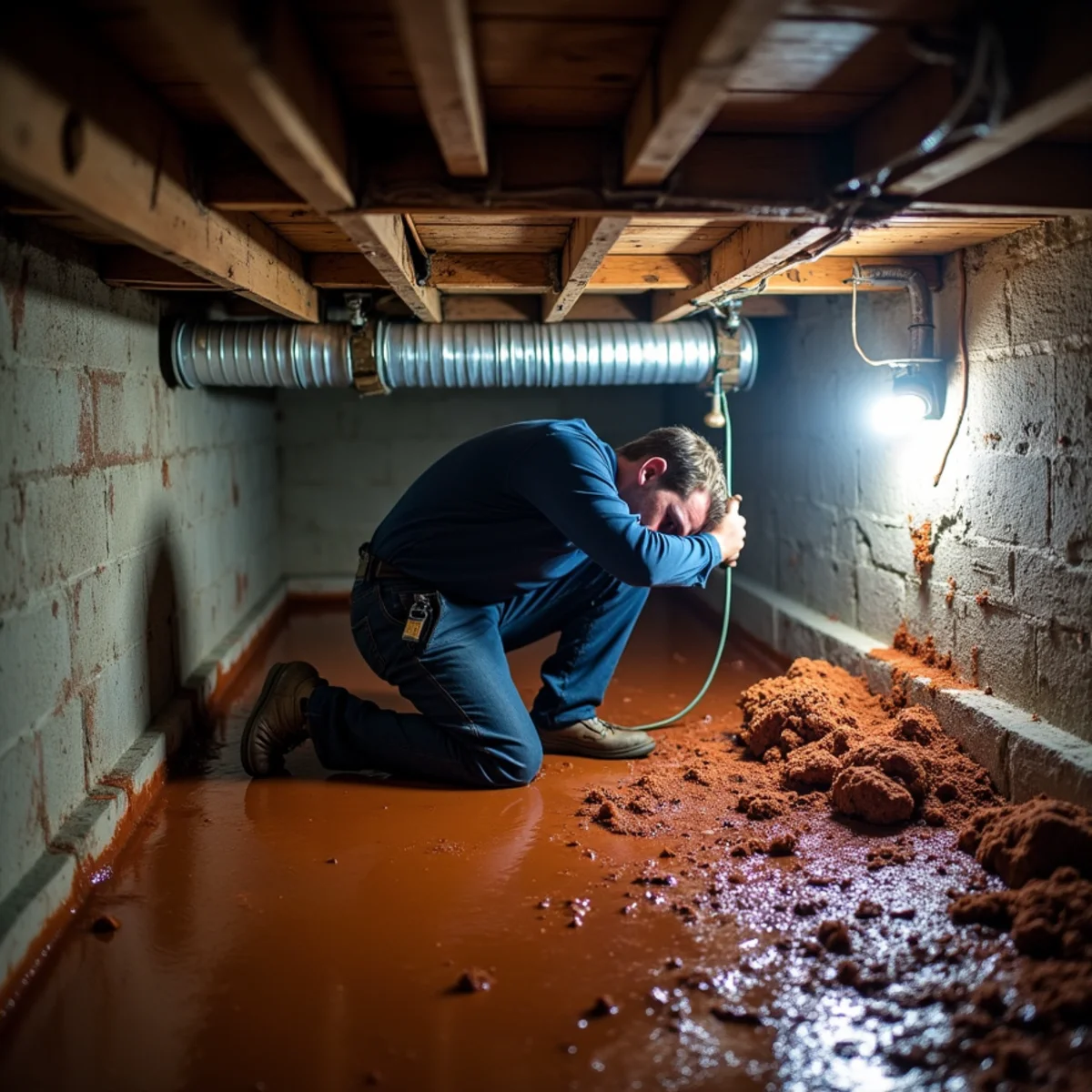 Technician replacing soaked insulated ductwork in a damp riverside crawlspace in Haw River, NC