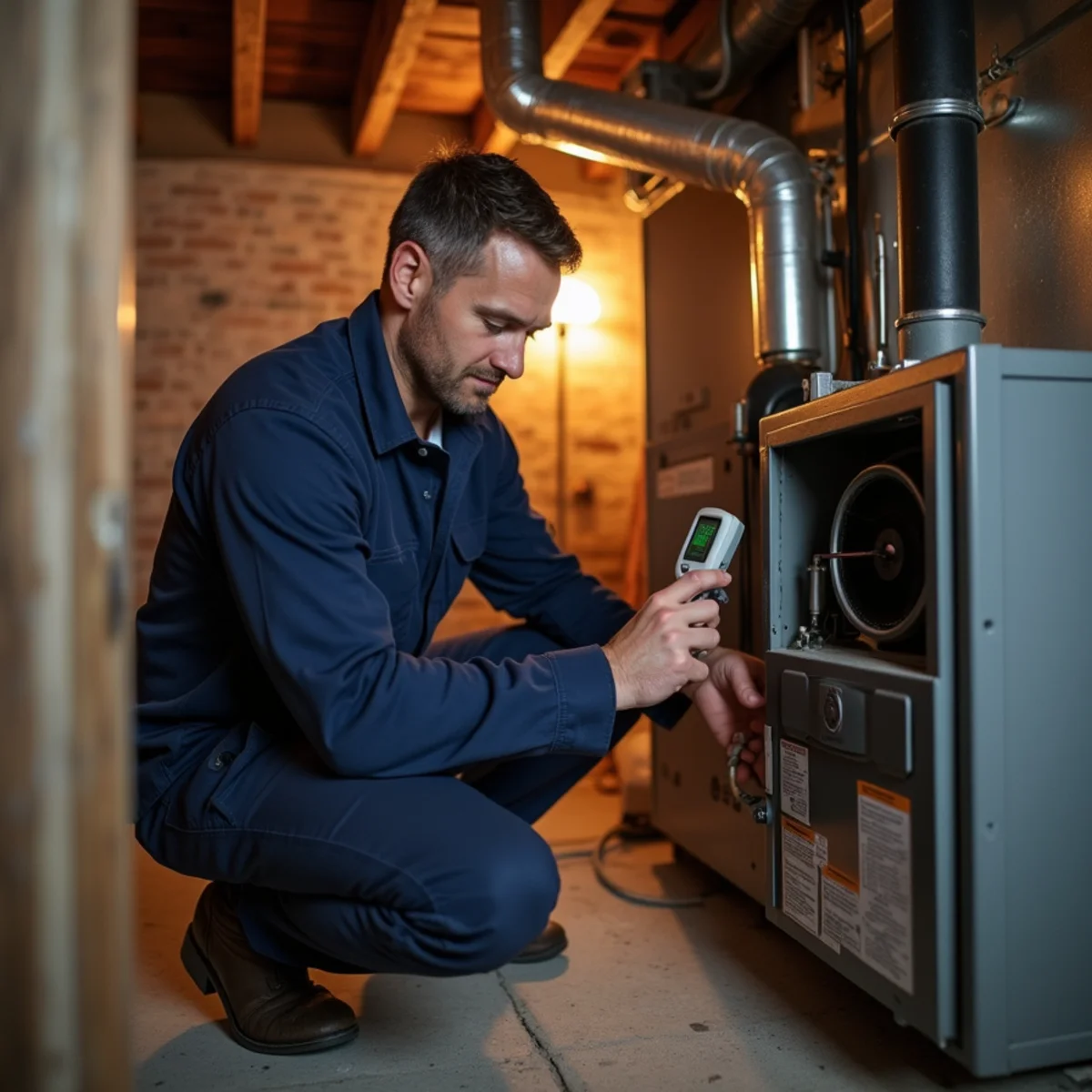Technician measuring furnace temperature rise in the basement of an older High Point, NC home