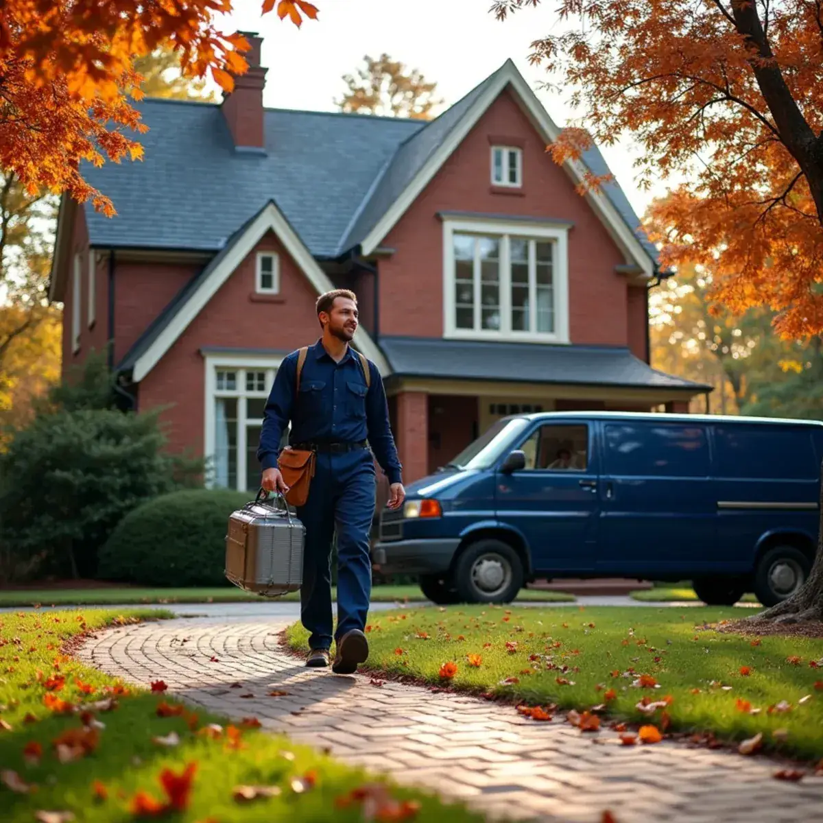 HVAC technician arriving to service the furnace in a 1930s brick home in High Point, NC