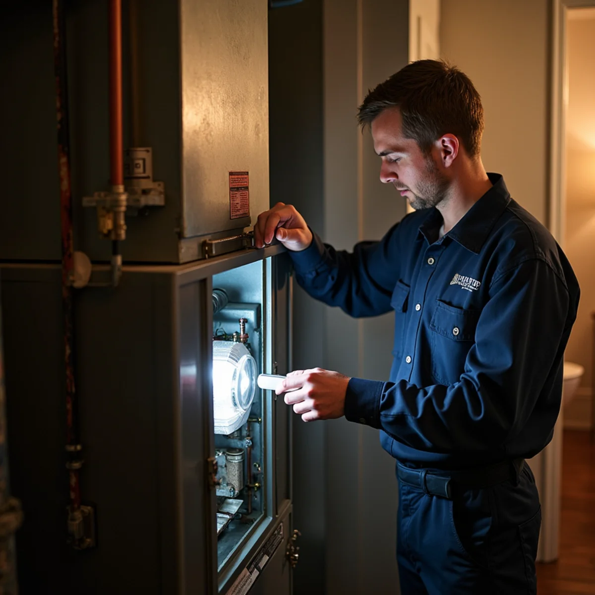 Technician inspecting the heat exchanger of an older gas furnace in a historic Jamestown, NC home