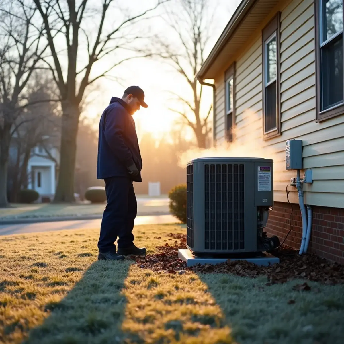 Technician servicing a heat pump outside a two-story subdivision home in Jamestown, NC on a frosty morning