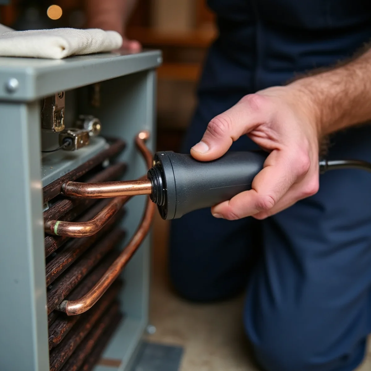 Technician leak-testing an evaporator coil with oil stains on an older heat pump system in Kernersville, NC