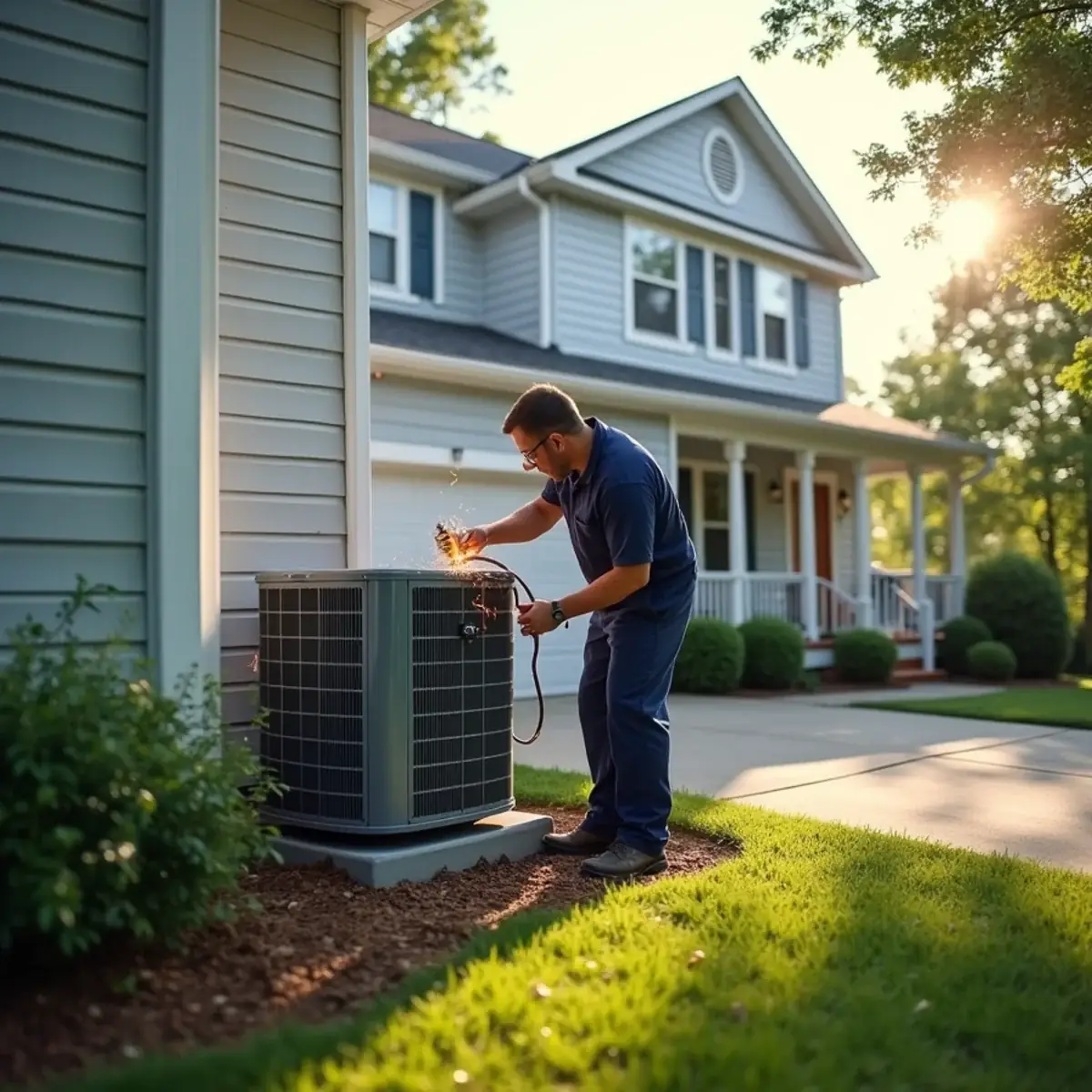 New heat pump being installed beside a vinyl-sided subdivision home in Kernersville, NC