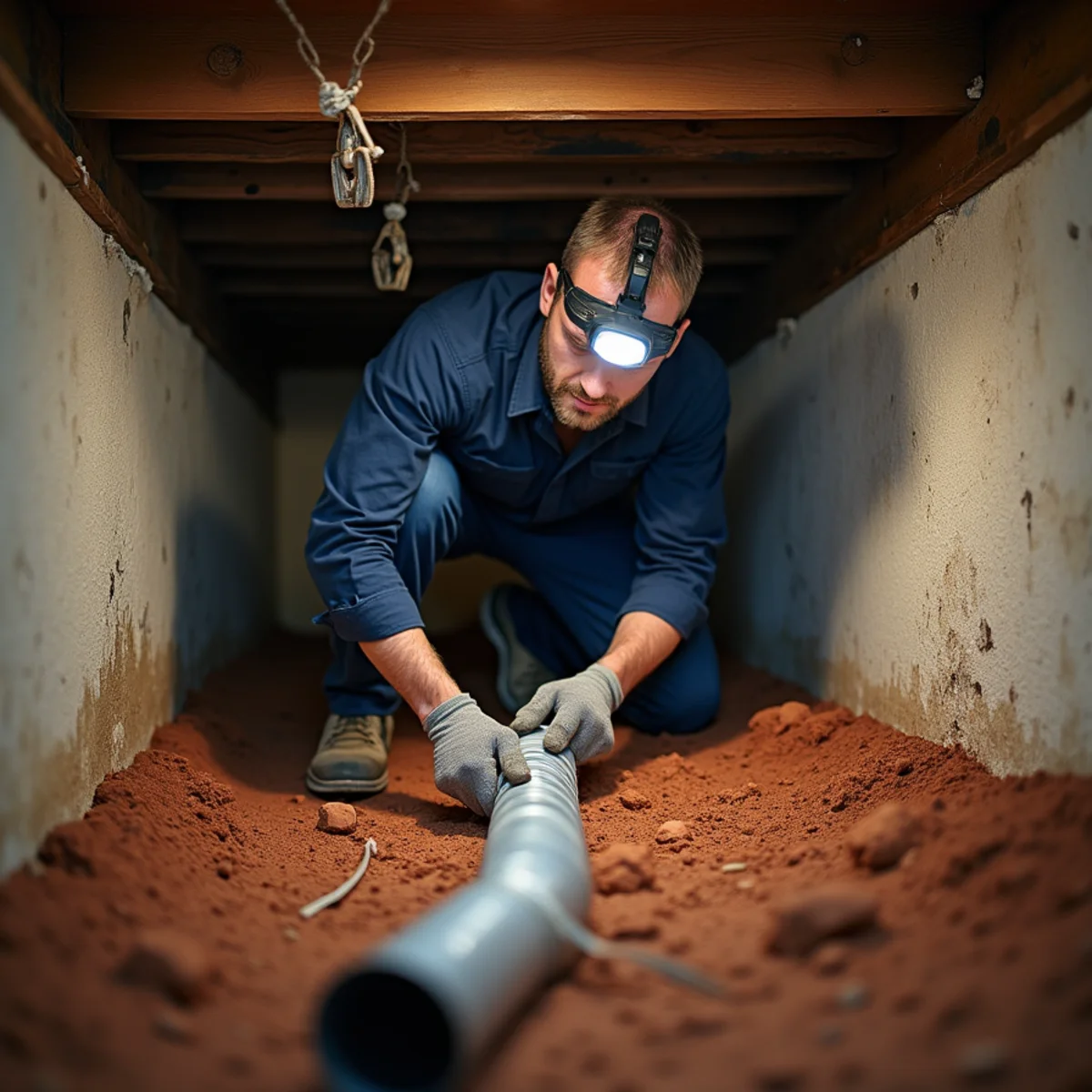 Technician lifting sagging original ductwork off the dirt in a Lexington, NC crawlspace