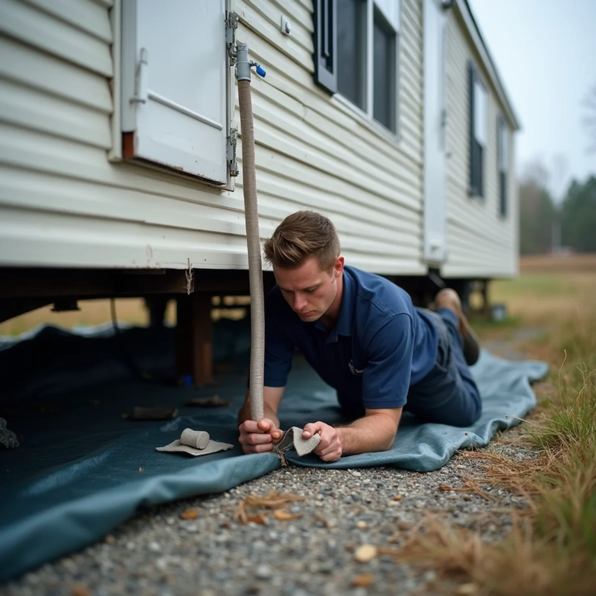 Technician reconnecting a crossover duct under a manufactured home in Liberty, NC