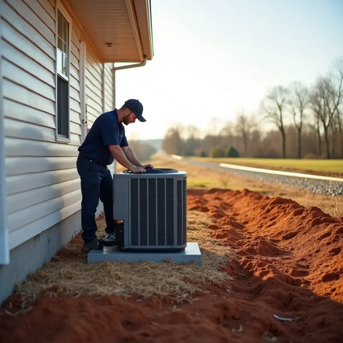 New heat pump installed on a pad beside a newly built home near farm fields in Liberty, NC