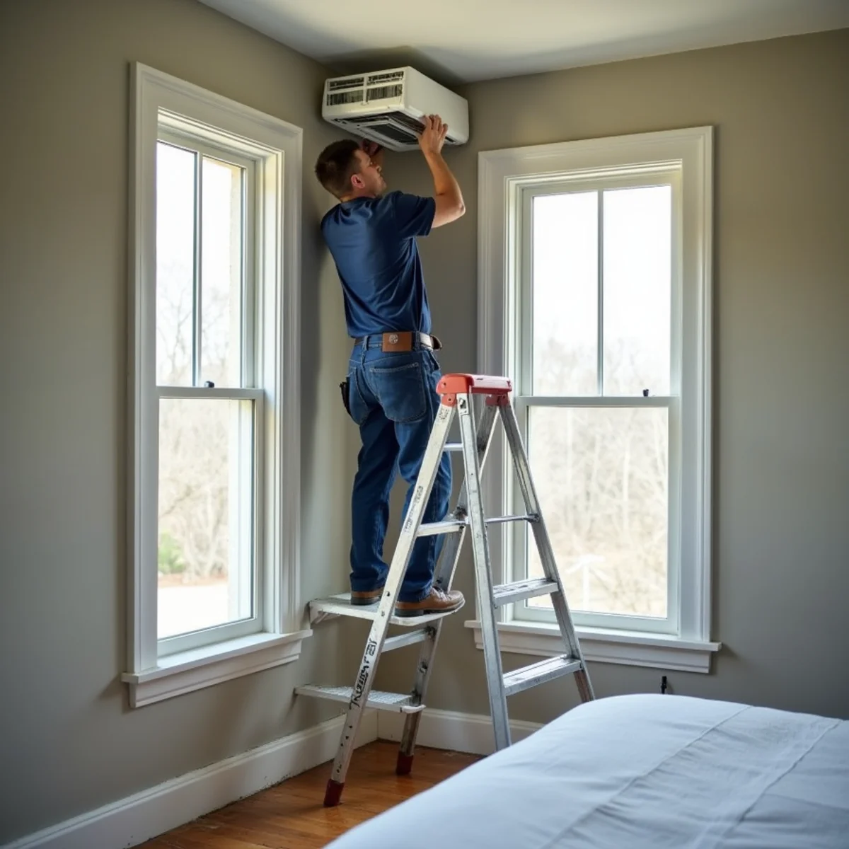 Technician finishing a ductless mini-split install in an upstairs room of a historic home in Madison, NC