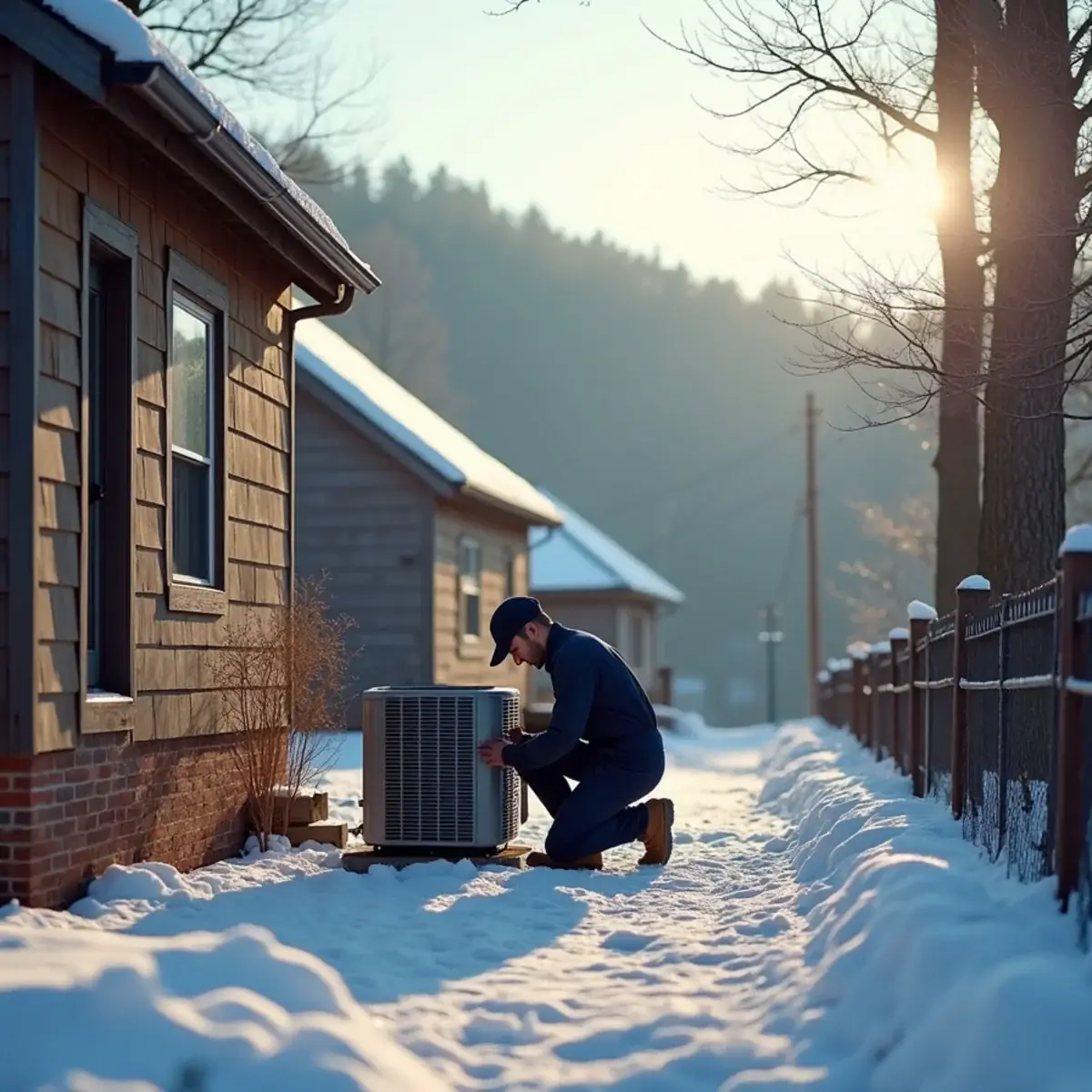 Technician servicing a compact heat pump outside a small mill village home in Mayodan, NC