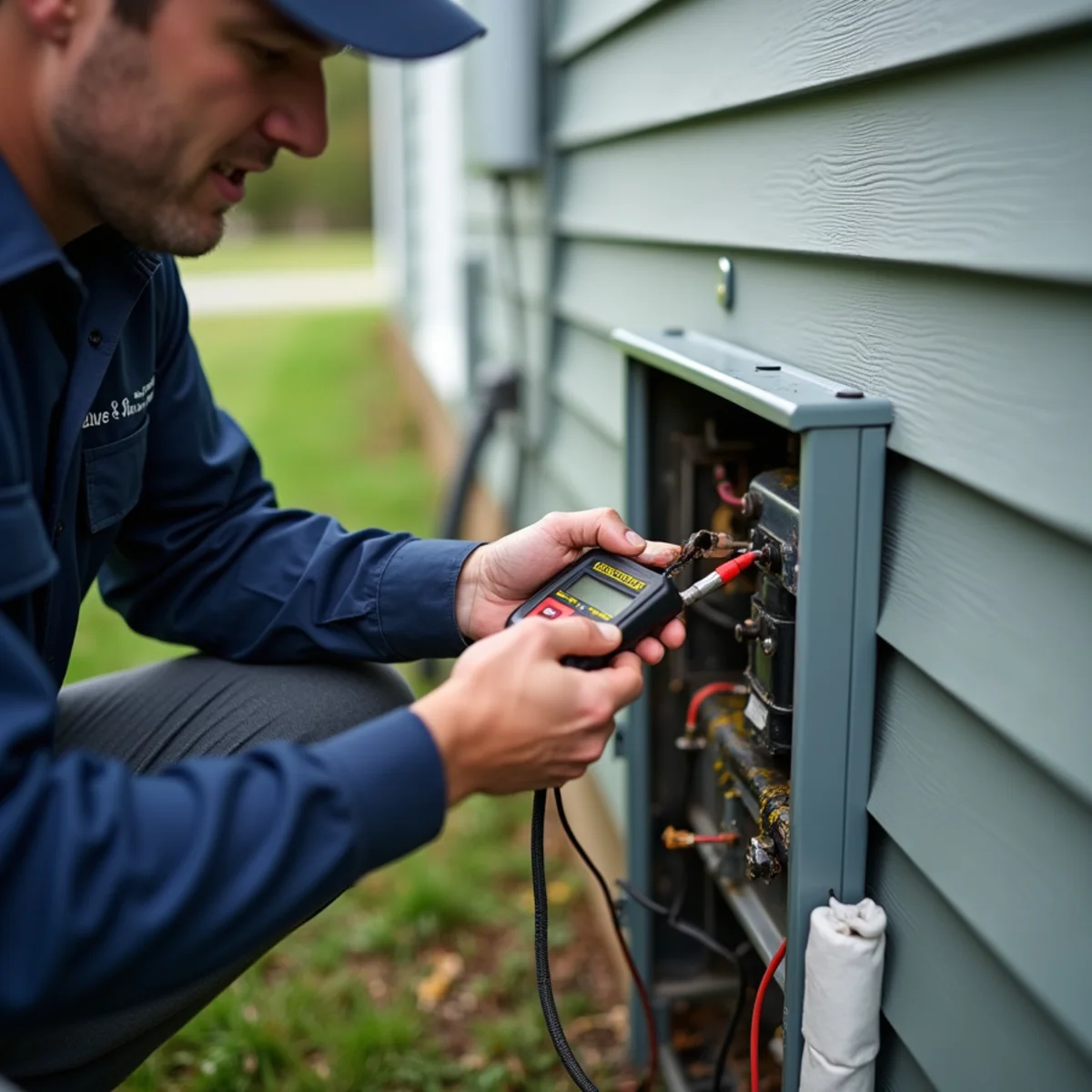Technician measuring compressor amperage on an aging heat pump in McLeansville, NC