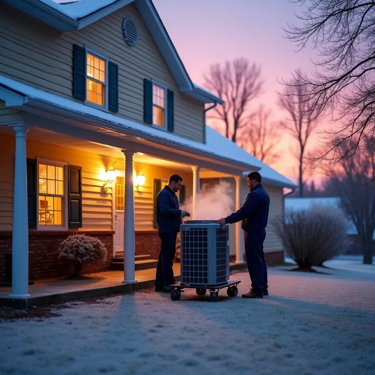 HVAC technician checking a heat pump outside a vinyl-sided suburban home in McLeansville, NC