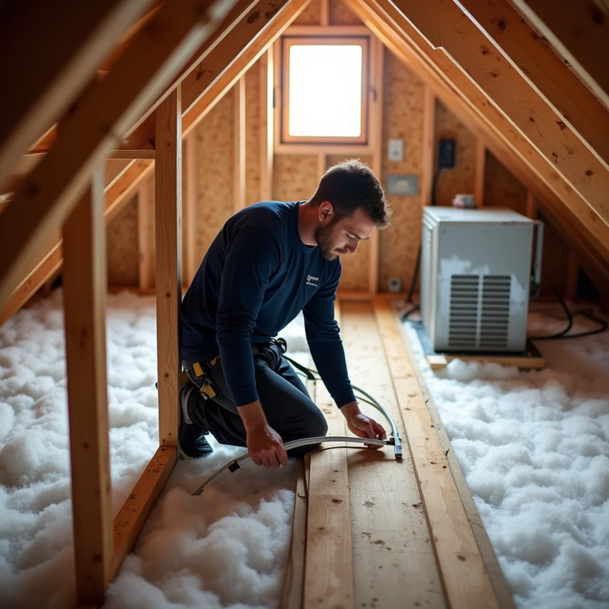 Technician straightening kinked flex duct over a bonus room in a new Mebane, NC home attic