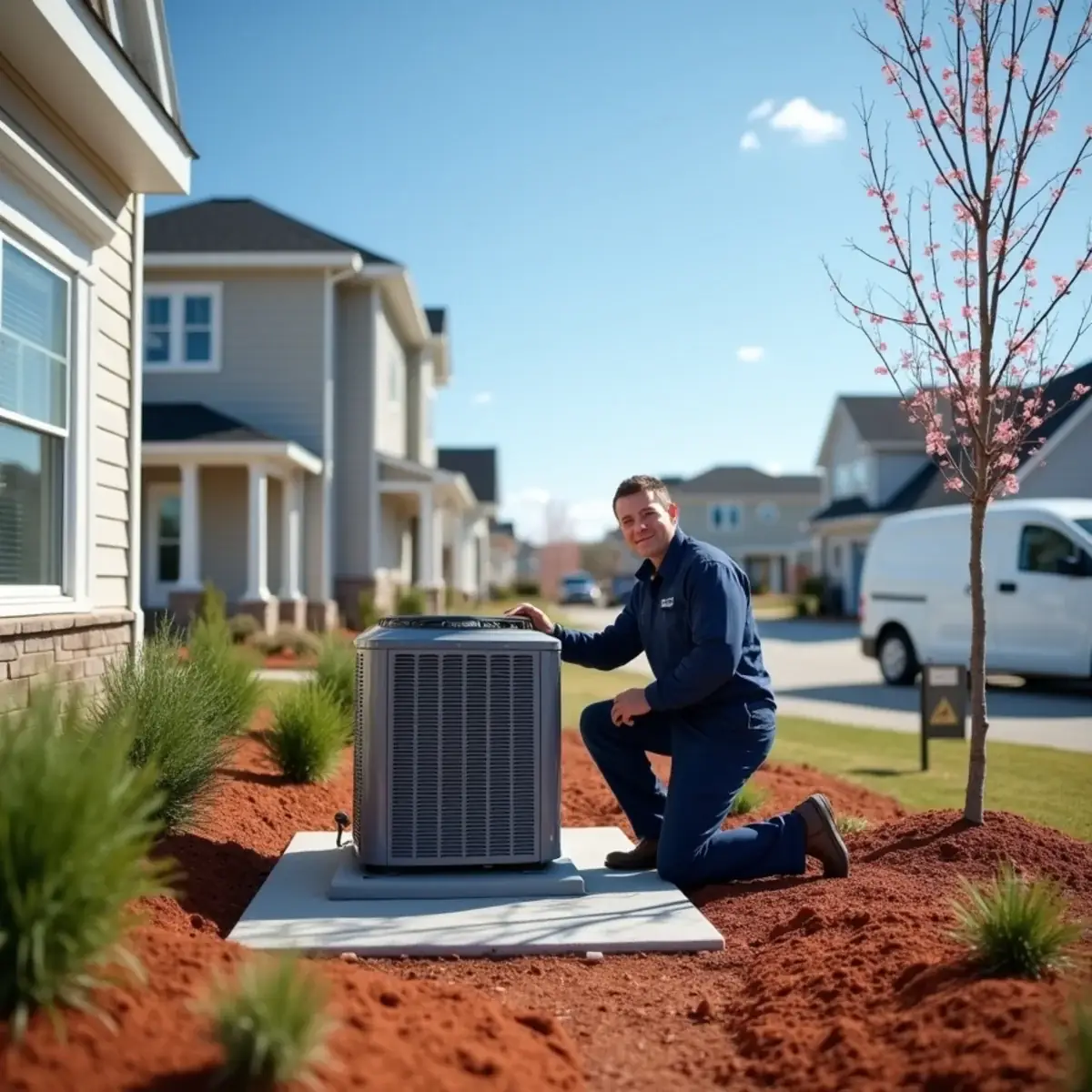 HVAC technician inspecting a new heat pump at a recently built home in Mebane, NC