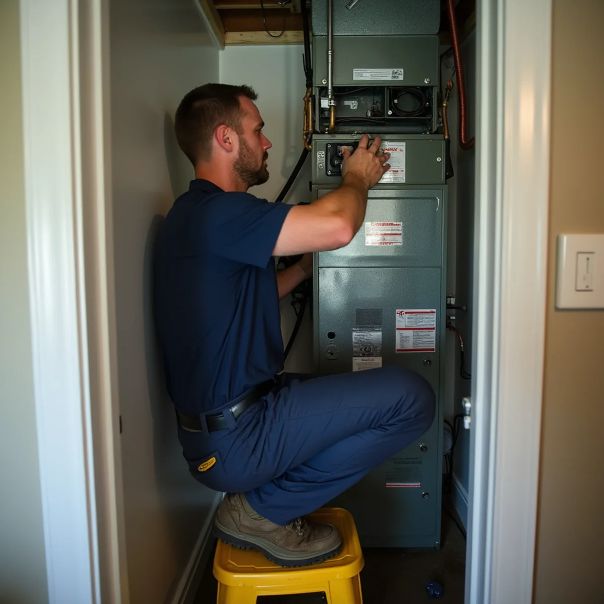 Technician clearing a condensate line in an upstairs mechanical closet of a Morrisville, NC townhome