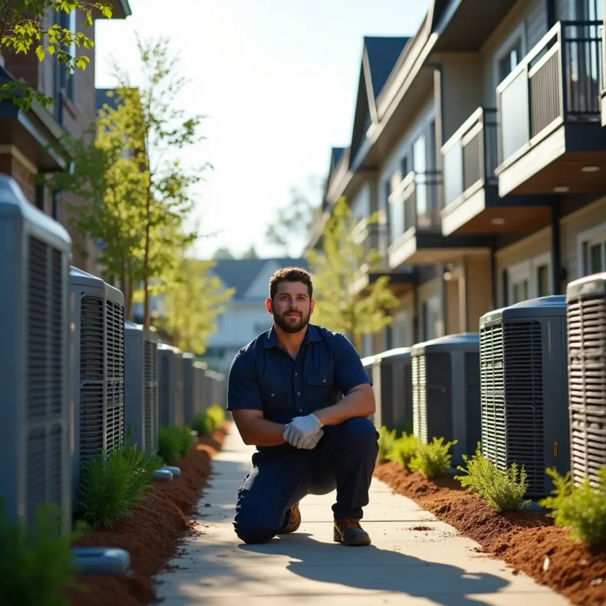 HVAC technician checking a row of condensers behind townhomes in Morrisville, NC